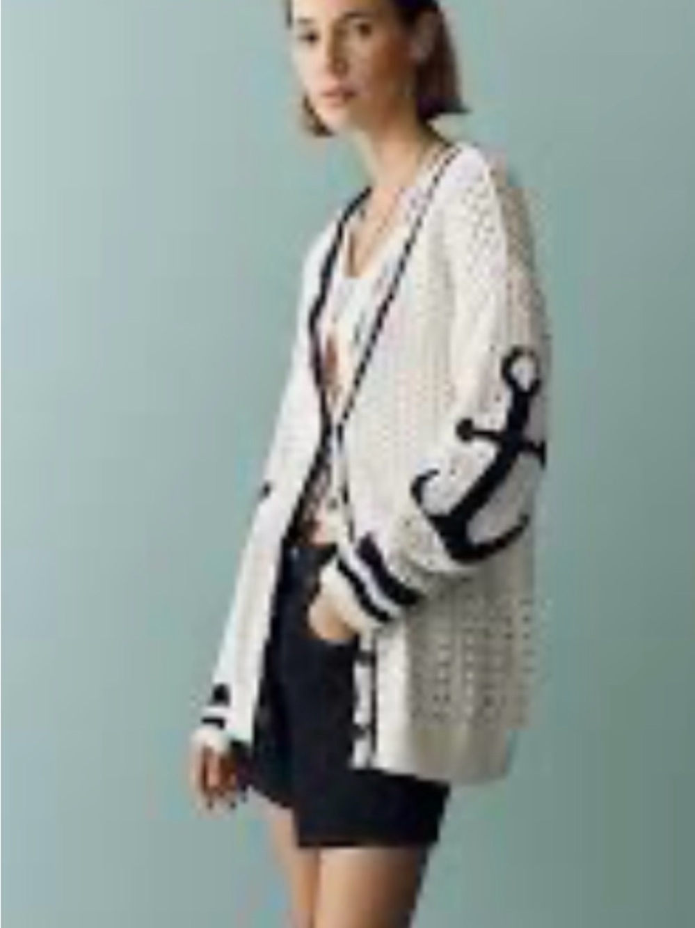 Maeve Cream Open-Front Cardigan with Navy Anchor Motif